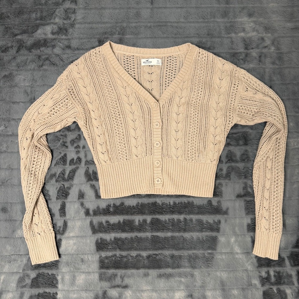 Hollister Tan Beige Pointelle Knit Cropped Cardigan Sweater Womens XS Button Up